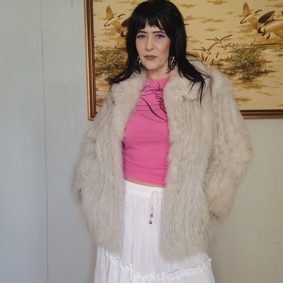 Saga Fox Real Fur Coat Finland Grey White Women's Medium 80s Vintage Outerwear - Picture 13 of 16